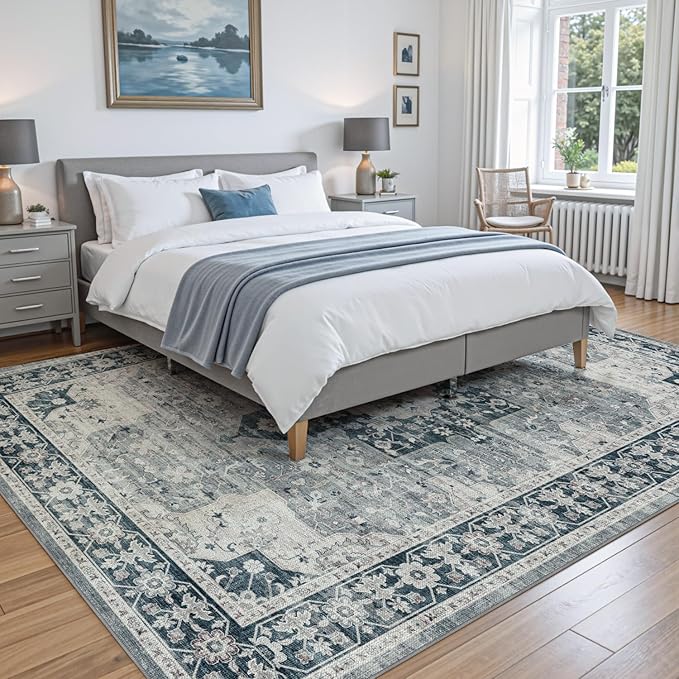 DEXI 10x14 Area Rug for Living Room, Washable Vintage Farmhouse Thin Rug Indoor Floor, Non Slip Stain Resistant Low Pile Carpet for Dining Room Bedroom Office, Blue Grey