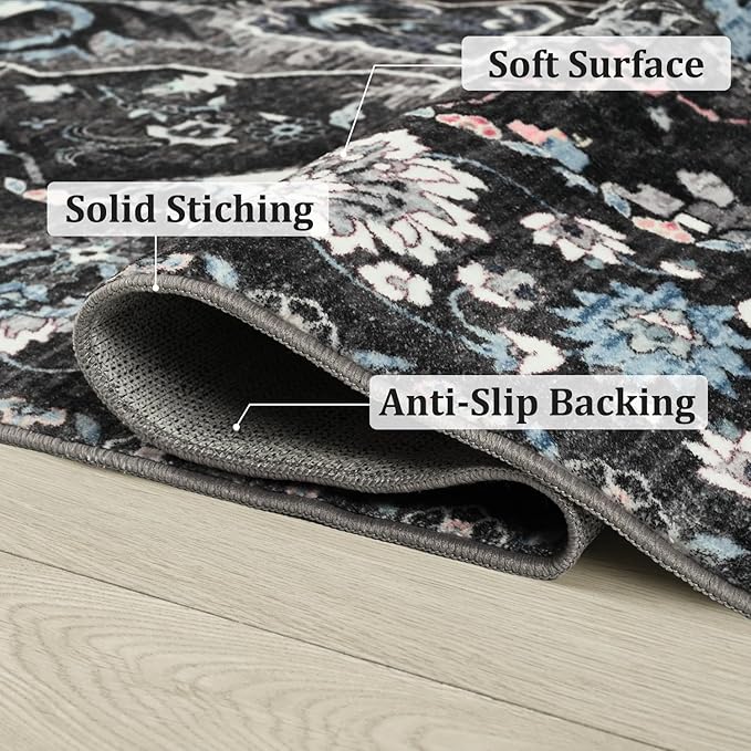 Beglad Area Rugs 4x6 for Living Room, Bedroom, Washable Vintage Rugs -Low Pile Soft Distressed Rugs for Kitchen, Dining Room, Non Shedding, Black and Blue
