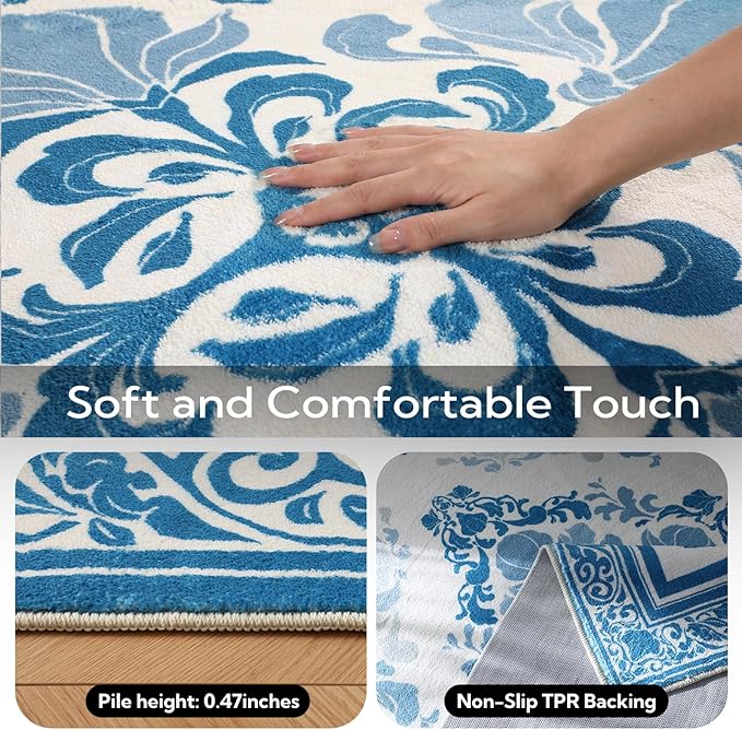 SOULFUL Medium Pile 8x10 Rugs for Living Room - Soft Foot Feel Large Area Rug - Blue Boho Floral - Washable Non-Slip - Perfect for Bedroom Kids Room Under Dining Table Office