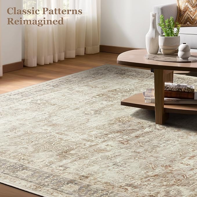 Beige Entryway Rug Indoor, 2x3 Small Door Rugs for Entry Way/Kitchen/Bathroom, Washable Non Slip Low Pile Thin Door Mat Indoor Entrance, Vintage Neutral Earth Tone Rug with Decorative Fringe