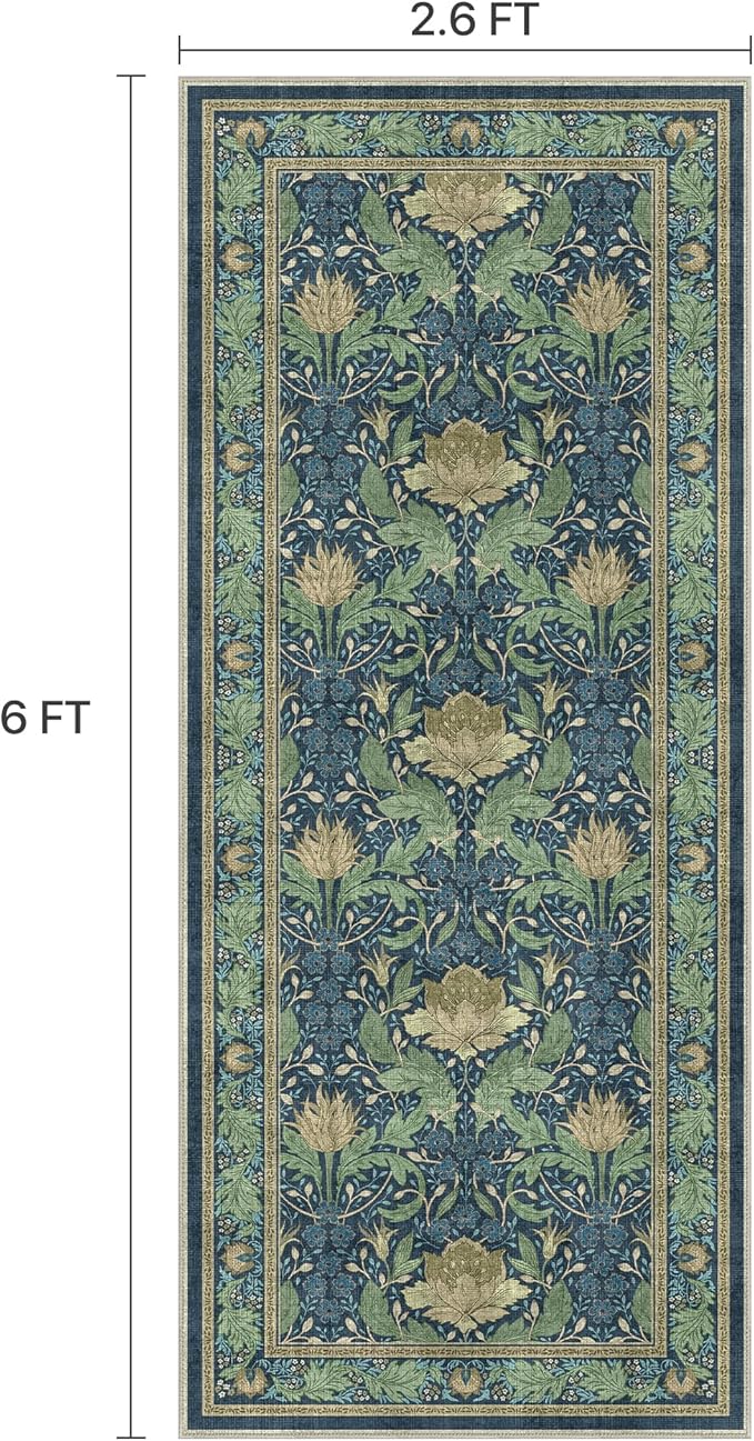 Bavni 2'6''x6 Runner Rug,Microfiber Washable Non-Slip Vintage Floral Rugs,Low Pile Lightweight Carpet for Bedroom,Hallway,Entryway,Kitchen,Bathroom, Tea Green/Blue