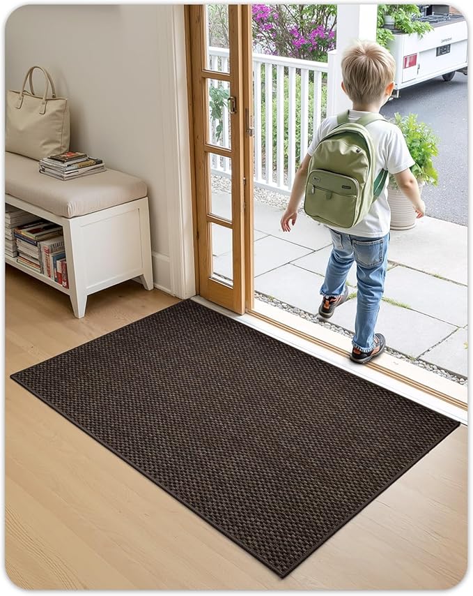Color&Geometry Ultra-Thin Indoor Door Mat, 27"x59" Low-Profile Non-Slip Entryway Rug with Modern Geometric Texture, Washable Doormat for Entrance, Front Doors, Brown (Rolled-up NO Creases)