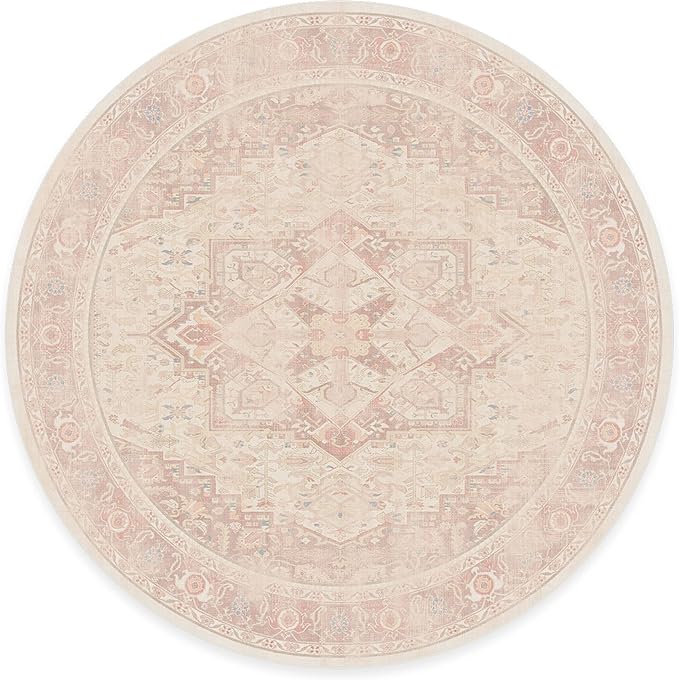 RUGGABLE Washable Area Rug – Kamran Soft Pink 8 ft Round, Stain-Resistant, Non-Slip – Large Machine Washable Rugs for Living Room, Bedroom, Hallway, Entryway & Office–with Cushioned Pad