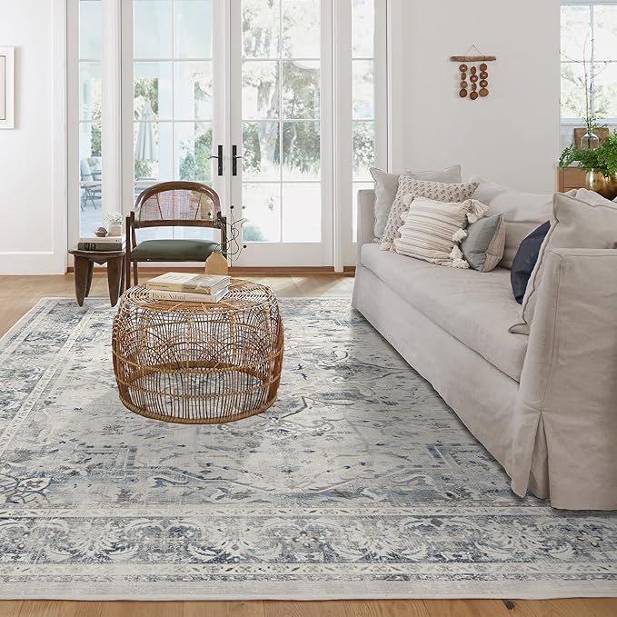 RUGGABLE Washable Vintage Area Rug – Sarrah Blue Quartz 10x14, Stain-Resistant, Non-Slip – Large Machine Washable Rugs for Living Room, Bedroom, Hallway, Entryway & Office–with Standard Pad