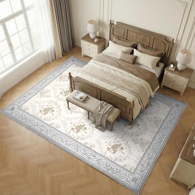 SOULFUL Medium Pile 8x10 Rugs for Living Room - Soft Underfoot Large Area Rug - Light Taupe Boho Floral - Washable Non-Slip - Perfect for Bedroom Kids Room Under Dining Table Office
