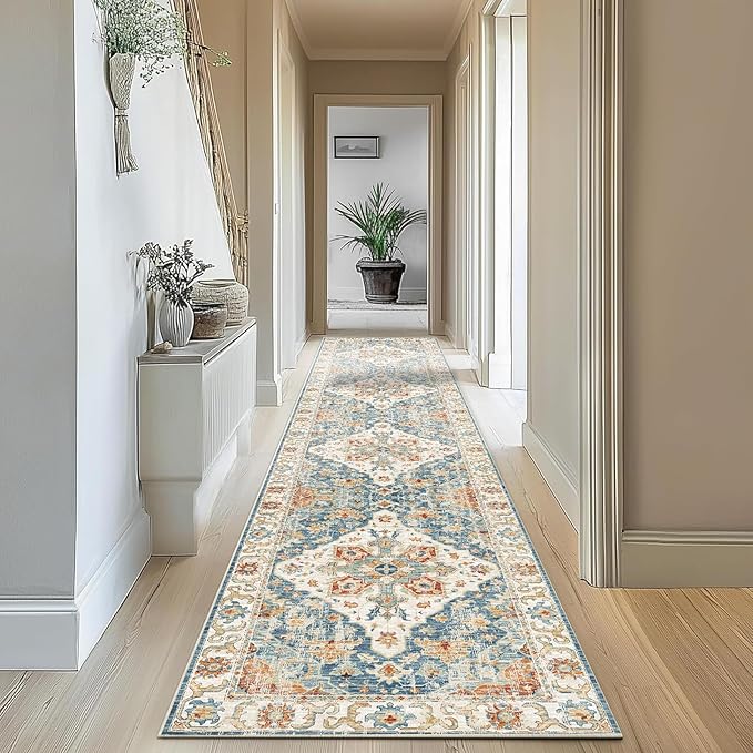 Enkor Runner Rugs for Hallway, 2.6x10.5 Washable Soft Non Slip Floor Rugs for Kitchen, Modern Mat for Living Room Bedroom Entryway Orange & Blue