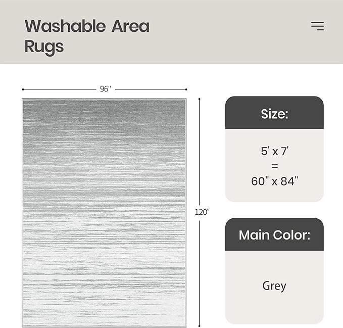Valenrug Washable Rugs 5x7 - Non Slip 5x7 Area Rugs for Living Room, Stain Resistant Area Rugs for Bedroom, Foldable Machine Washable Area Rug(5'x7', Grey)