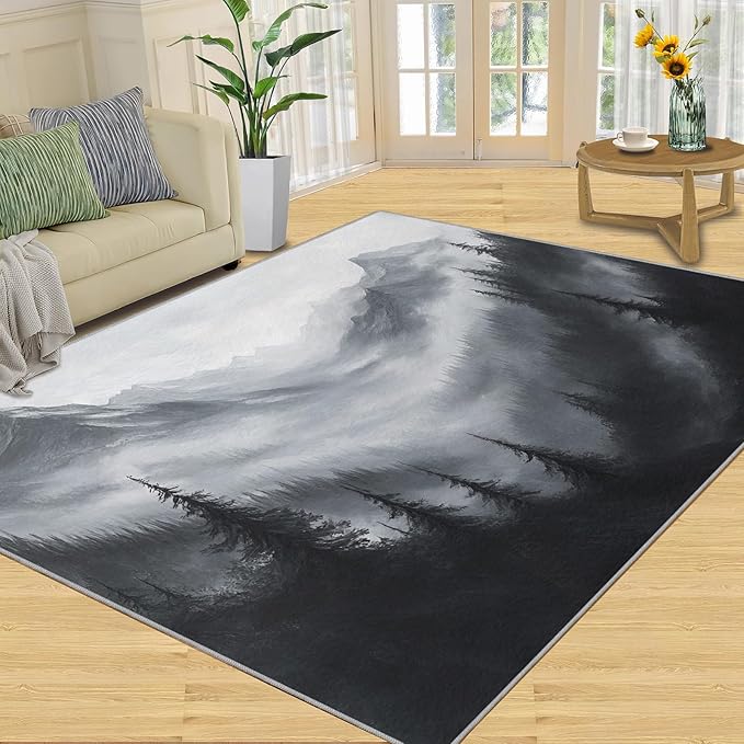 Misty Forest Rugs for Bedroom - 4x6 Area Rug - Modern Black White Art Rugs for Living Room, Natural Landscape Rug, Washable Home Decor Carpet