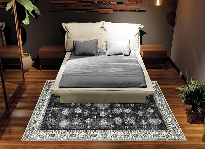 Bloom Rugs Washable Non-Slip 5' x 7' Rug - Black/Ivory Traditional Area Rug for Living Room, Bedroom, Dining Room, and Kitchen - Exact Size: 5' x 7'