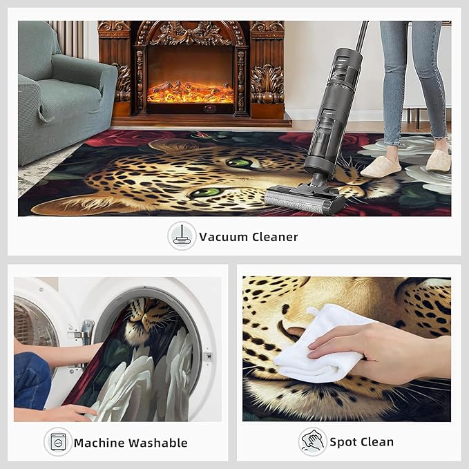 Leopard Rugs for Bedroom - 6x9 Area Rug - Flowers Leopard Rugs for Living Room, 3D Flowers Animal Rug, Washable Home Decor Carpet