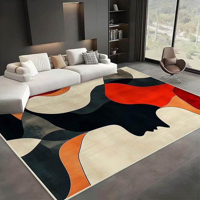 9x11 Abstract Rug, Abstract Area Rug, Geometric Area Rugs, Modern Geometric Rugs, Minimalist Face Carpet, Contemporary Carpet for Living Room, Non Slip & Faux Cashmere Low Pile