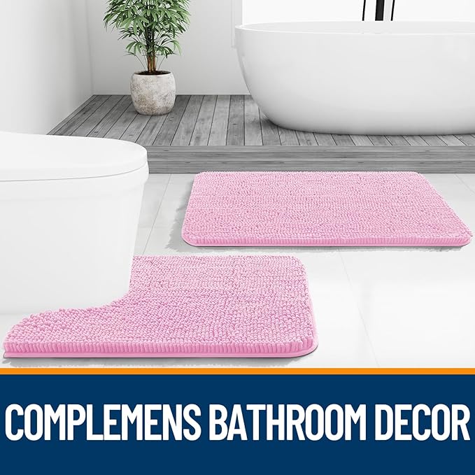 OLANLY Toilet Rugs U-Shaped 24x20, Extra Soft Absorbent Chenille Contour Bathroom Rugs for Toilet, Dry Quickly, Machine Washable, Non-Slip Bath Mat, Pink