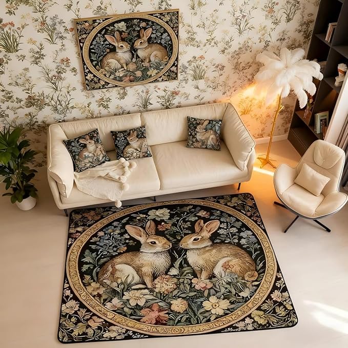 Rustic Rabbits Large Area Rug 5x7 Country Plant Leaves Floral Living Room Rug | Vintage Farmhouse Style Farm Animals Rugs for Bedroom, Cute Rabbit Botanical Carpet Indoor Floor Mat