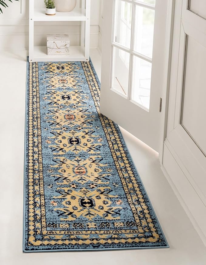 Unique Loom Taftan Collection Border Geometric Tribal Inspired Design Area Rug (3' 0 x 16' 5 Runner, Light Blue/ Gold)