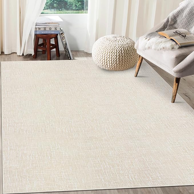 RUGSREAL Living Room Area Rug 9x12 Machine Washable Rug Non-Slip Stain Resistant Modern Abstract Bedroom Rug Contemporary Throw Floor Carpet for Dining Room Solid Area Rug for Home Office, Cream
