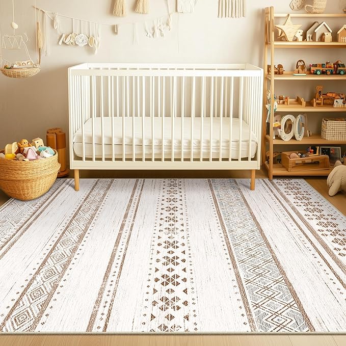 BESTSWEETIE 8x10 Area Rugs for Living Room Washable Moroccan Farmhouse Neutral Geometric Low Pile Non-Slip Soft Print Pattern Rug for Bedroom Kitchen Dining Room Entryway Cream/Brown/Pink