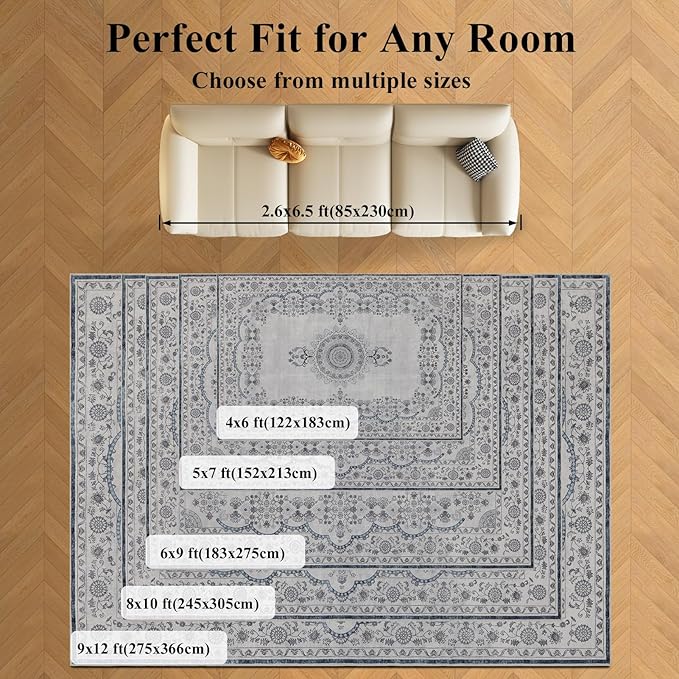 Washable Rugs 5x7 Area Rugs for Living Room, Thin Carpet for Bedroom, Soft Faux Wool Retro Dining Room Rug，Non Slip&Non-Shedding Resistant Low Pile Vintage Print Rug for Home Office (Grey/Blue)