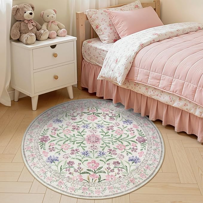 Lahome Light Purple 4 ft Round Accent Rug, Small Circular Soft Mat for Nursery & Reading Nook, Machine Washable Low Pile Carpet for Cozy Self-Care Retreat Decor