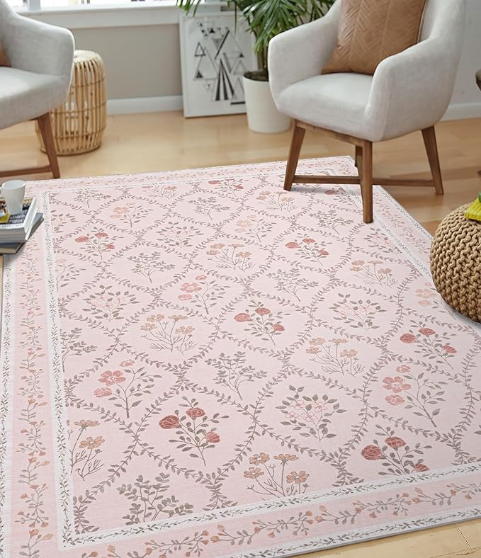 YIHOUSE Pink Floral Print Rugs, Moroccan Trellis 9x12 Washable Large Rug, Modern Pastel Non Slip Ultra-Thin Area Rug for Classroom, Nursery Playroom,Dorm,Bedroom,Living Room, Pink Multi