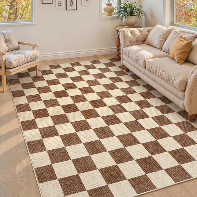 Machine Washable 5x7 Area Rugs for Living Room Checkered, Non Slip Soft Low Pile Farmhouse Geometric Modern Neutral Playroom Boys Rugs for Bedroom, Large Carpet Rugs for Dining Room(Dark Brown,5'x7')