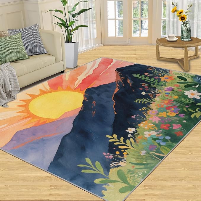 Boho Sun Runner Rugs 2x4ft, Minimalist Line Small Entryway Mats, Geometric Solar Laundry Room Rug Non Slip Durable Throw Rugs for Front Door Bedroom Bedside