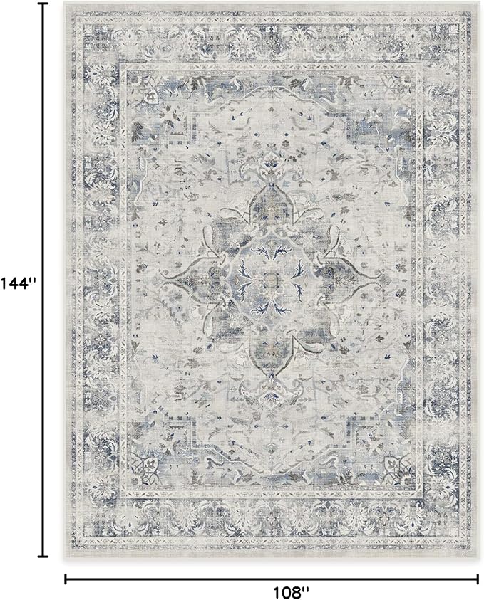 RUGGABLE Washable Vintage Area Rug – Sarrah Blue Quartz 9x12, Stain-Resistant, Non-Slip – Large Machine Washable Rugs for Living Room, Bedroom, Hallway, Entryway & Office–with Cushioned Pad