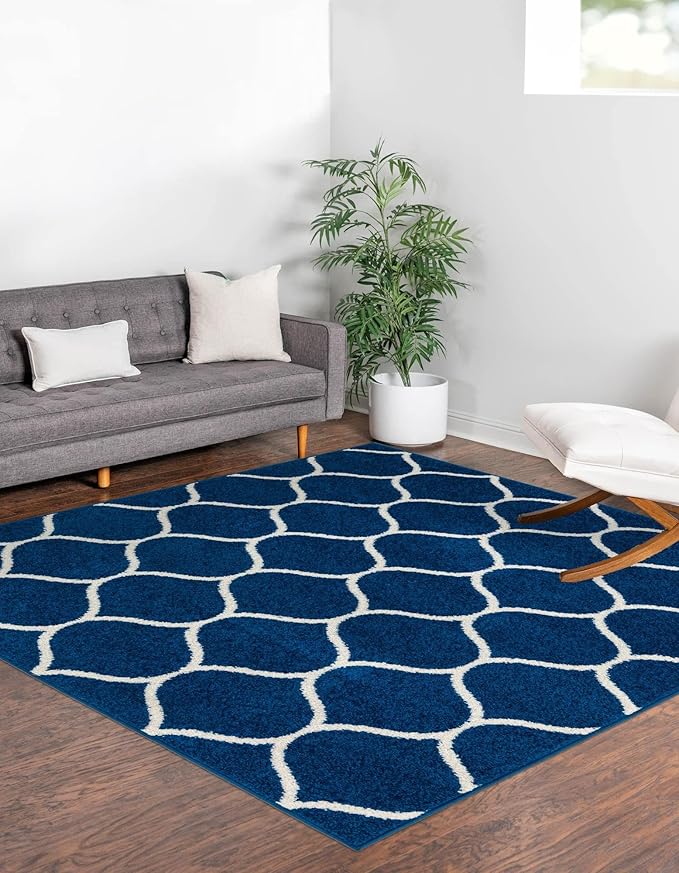 Rugs.com Lattice Frieze Collection Rug – 8' Square Navy Blue Medium Rug Perfect for Living Rooms, Kitchens, Entryways