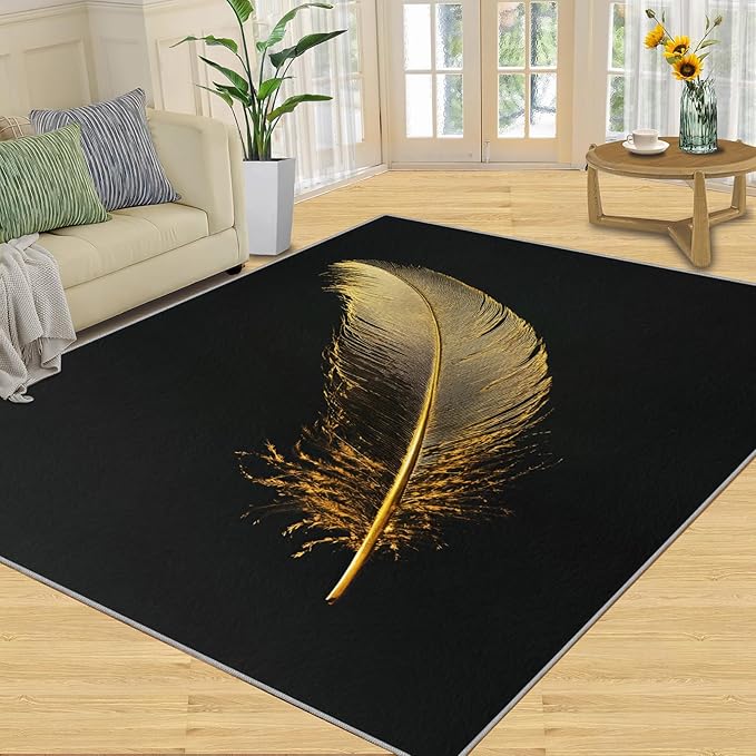 Golden Feathers Rugs for Bedroom - 2x3 Area Rug - Black Gold Feathers Rugs for Living Room, Modern Minimalist Art Rug, Washable Home Decor Carpet
