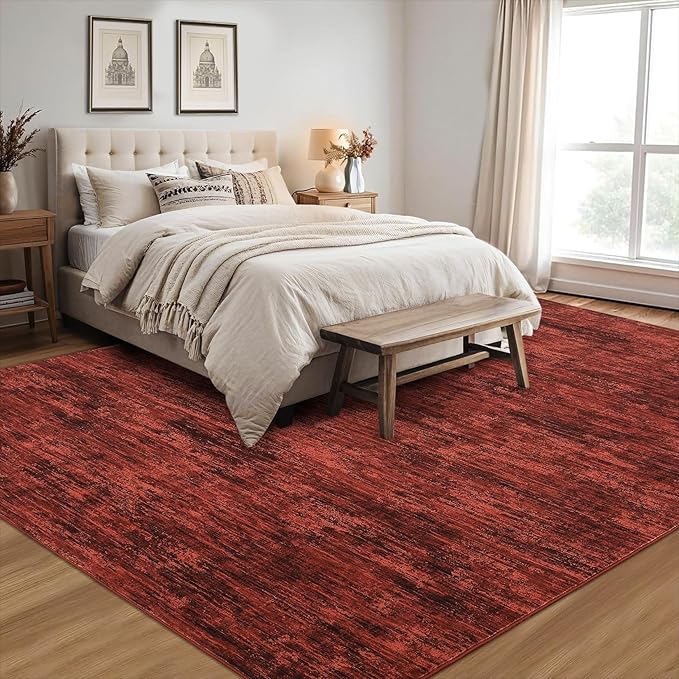 RUGSREAL Area Rug 5x7 Machine Washable Area Rug for Living Room Non-Slip Stain Resistant Modern Abstract Bedroom Rug Contemporary Solid Throw Rug Foldable Accent Floor Carpet for Dining Room, Red