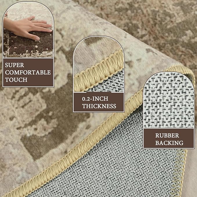 LOCHAS Rug for Living Room 6x9, Washable Soft Area Rugs for Bedroom, Abstract Carpet for Indoor Office Kids Dining Room Nursery Floor, Khaki Geometric Vintage Home Decor, Non Slip, Pet Child Friendly