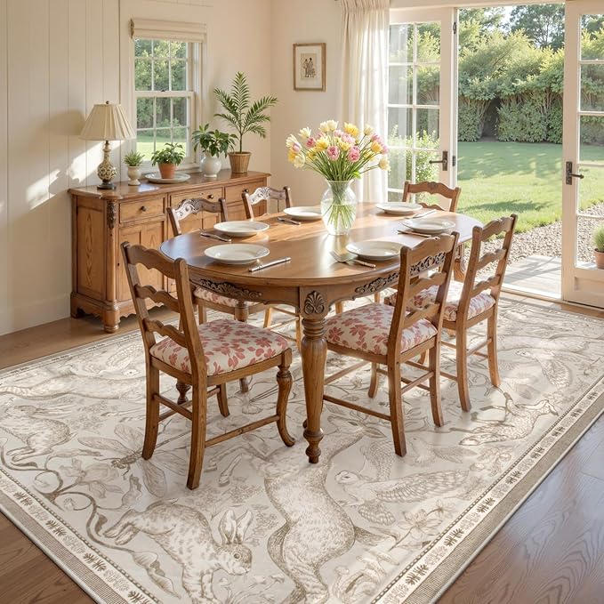Lahome Boho Animal Washable Rugs for Living Room 8x10, Beige Soft Rugs for Bedroom, Botanical Large Boho Non Slip Dining Room Carpet for Under Table Office Kids Playroom (8x10ft,Beige)