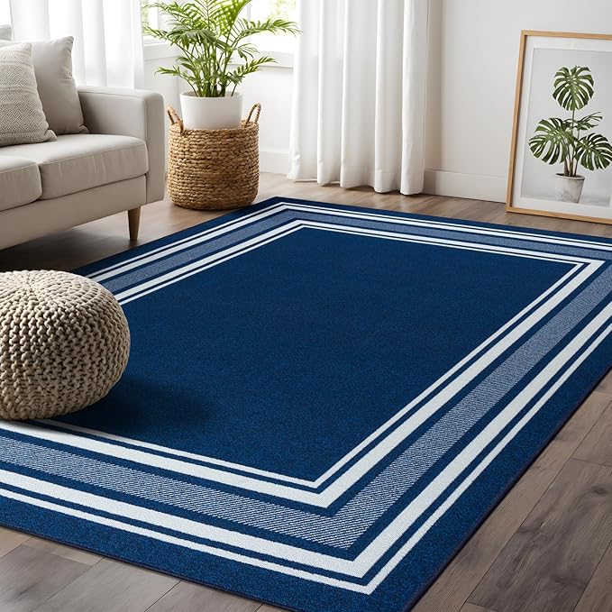Beverly Rug Non Slip Area Rugs 3x3 Modern Bordered Non Skid Rubber Backing Soft Area Rug for Living Dining Room Easy to Clean Non Shedding Kitchen Bedroom Indoor Carpet 3 x 3 Navy