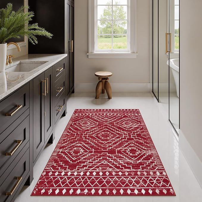 Wonnitar Moroccan Washable 3x5 Rug for Living Room, Non-Slip Chrisrmas Rug for Entryway, Low Pile Soft Farmhouse Area Rug for Bedroom Entry Kitchen Basement (Red,3'x5')