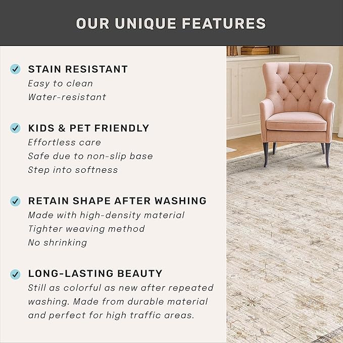 Cream 2x5 Runner Rugs for Bathroom Floor, Geometric Floral Throw Rugs Washable for Entryway, Kitchen, Bedroom, Laundry Room Beige Farmhouse Modern Neutral Home Décor, Low Pile Soft Non Slip Carpet