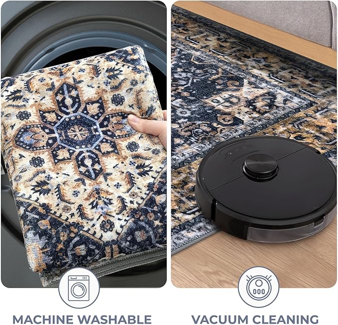 KOZYFLY Runners for Hallways 3x14 Ft Extra Long Washable Kitchen Thin Runner Rug Boho Runner Rug for Entryway Indoor Printed Faux Wool Stair Floor Carpet for Stair Kitchen Hall, Gold/Navy