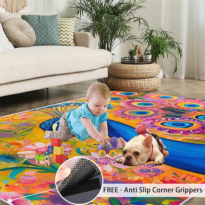 Peacock Rugs for Living Room - 6x8 Rug, Boho Floral Botanical Area Rugs for Bedroom, Wonderful Peacock Rug, Peafowl Washable Carpet, Floral Animal Carpet - Peafowl Home Decor & Gifts
