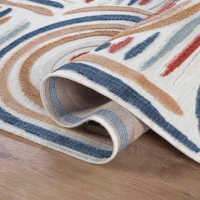 CAMILSON Indoor Outdoor Rug, Multicolor 5x7 Geometric Arch Striped Area Rugs for Patio and Home Areas, Easy-Cleaning Non-Shedding Living Room, Garden and Deck Washable Outside Carpet (5 x 7)