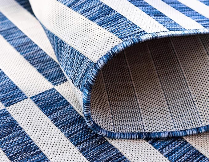 Unique Loom Outdoor Striped Collection Area Rug - Striped (4' 1" Round, Blue/Ivory)