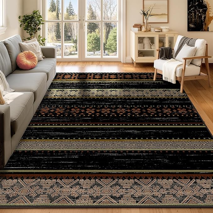 BESTSWEETIE 5x7 Area Rugs for Living Room Washable Moroccan Farmhouse Neutral Geometric Low Pile Non-Slip Soft Print Pattern Rug for Bedroom Kitchen Dining Room Entryway Black/Red/Brown/Cream/Yellow
