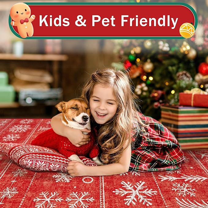Area Rug 4x6 Christmas Rugs, Machine Washable Boho Christmas Tree Snowflake Rug Non-Slip Soft Low Pile Holiday Indoor Rugs for Bedroom Kitchen Dining Room Office(Xmas Red, 4'x6')