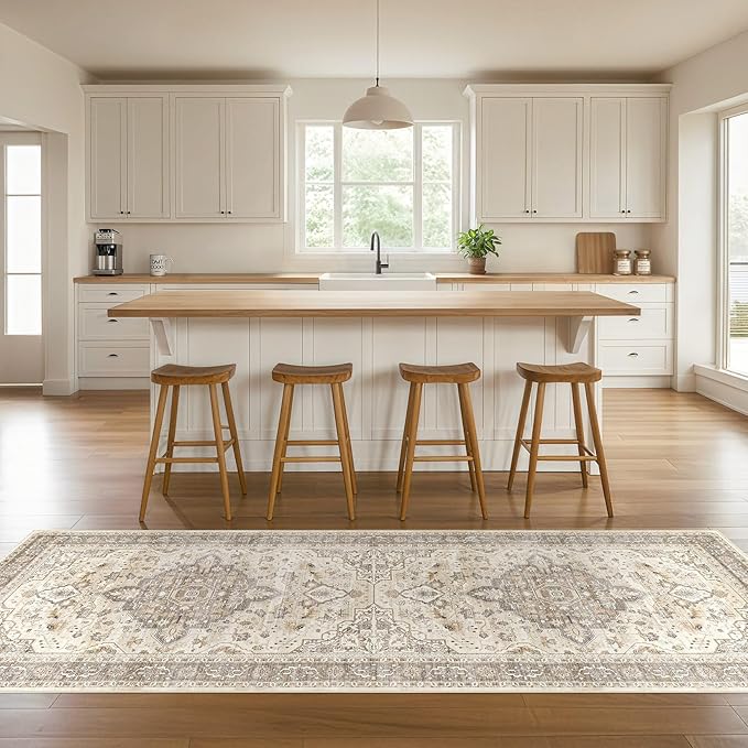 Runner Rug Kitchen Washable Rugs: 2x6 Non-Slip Boho Soft Vintage Stain Resistant Indoor Floor Neutral Farmhouse Throw Carpet for Hallway Bathroom Laundry Room Entryway Bedroom- Brown