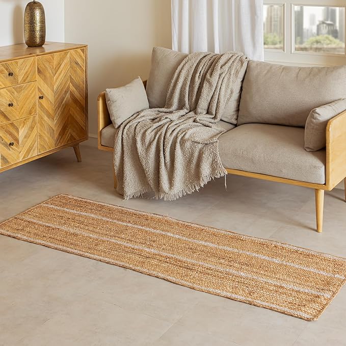 HOMEMONDE Braided Jute Runner Rug 2x6 ft Natural and Off White Stripe - Premium Fiber - Hand Woven Rustic Vintage Reversible Area Rugs for Entryway, Bedroom, Kitchen, Living Room, Dining Room