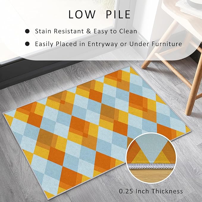 Washable 3x4 Diamond Rug Living Room, Geometric Orange and Blue Plaid Design Area Rugs for Bedroom, Diamond Home Decor Carpet, Low Pile, Non Slip, Kids & Pet Friendly (N4135)