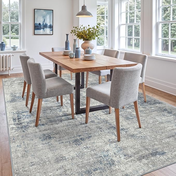 DEXI 10x14 Area Rug for Living Room, Modern Abstract Thin Washable Rug Indoor Floor, Non Slip Stain Resistant Low Pile Carpet for Dining Room Bedroom Office, Blue