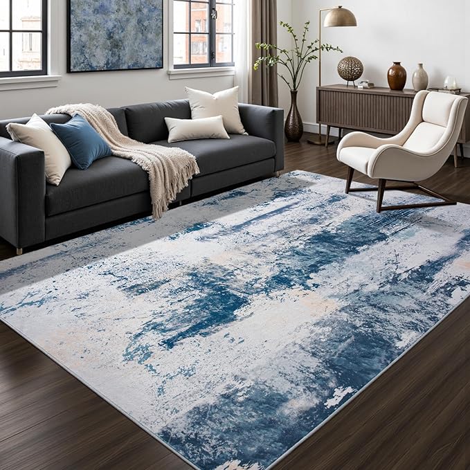 Toneed Abstract Area Rug Modern Washable Rug Soft Non Slip Rug Low Pile for Bedroom Living Room Dining Room Dusty Teal Grey 9x11 Feet