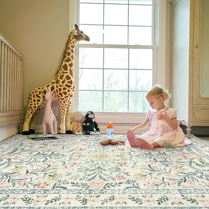 Morebes Boho 8x10 Area Rugs for Living Room, Large Beige Floral Rug for Bedroom Girls Nursery Non Slip, Soft Distressed Indoor Carpet for Dining Room Home Office, Cream