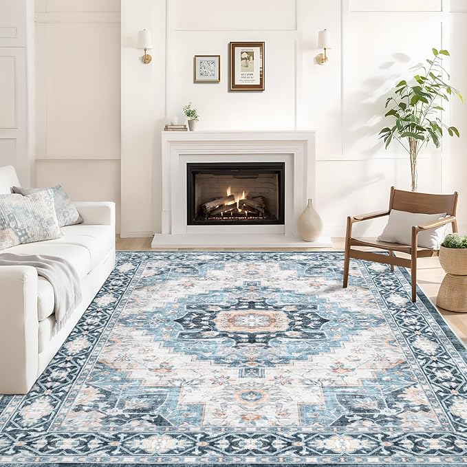 Washable 6×9 Area Rug for Living Room, Vintage Floral Rug Soft Non Slip Stain Resistant Boho Carpet for Indoor Bedroom Dinning Room Home Office Blue/Ivory