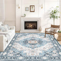 Washable 9×12 Area Rug for Living Room, Vintage Floral Rug Soft Non Slip Stain Resistant Boho Carpet for Indoor Bedroom Dinning Room Home Office Blue/Ivory