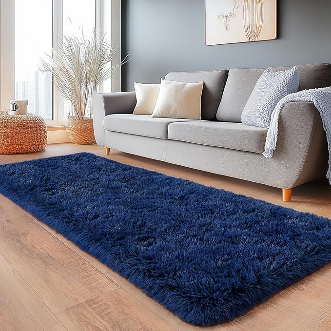 Shag Area Rugs for Living Room, Soft Fuzzy Plush Rugs, Upgrade Anti-Skid Modern Furry Rugs Fluffy Carpets for Kids Room Nursery Home Decor Dark Blue, 2x6Feet