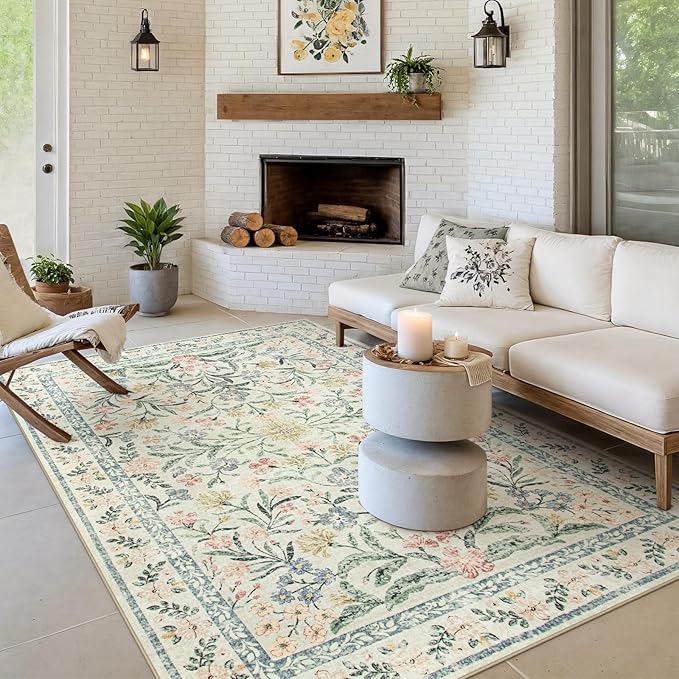 Morebes Washable Area Rugs 6x9, Boho Nursery Rug Girl Bedroom Non-Slip, Large Soft Vintage Distressed Floral Carpet for Living Room Foyer Home Office Decor, Cream